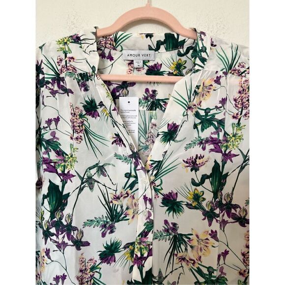 New Amour Vert White Amy Tropez Floral 100% Silk Blouse - Picture 2 of 6